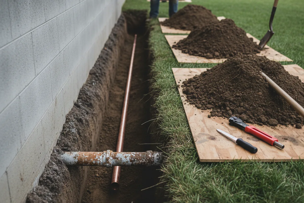 Excavated water line trench during Water Heater Repair in Dora